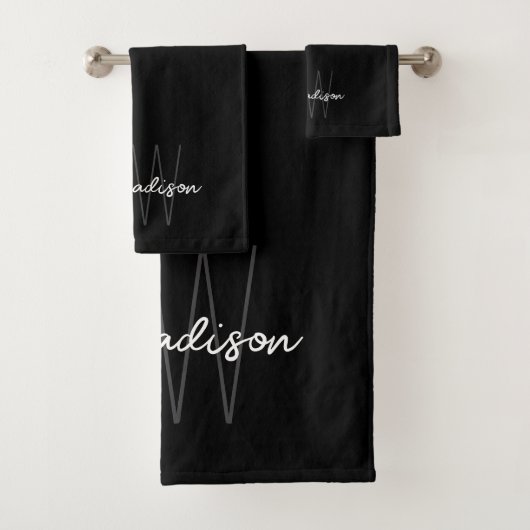Modern Monogram Name Script Schwarz-weiß Badhandtuch Set (Insitu)