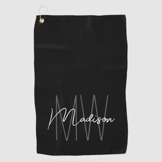 Modern Monogram Name Script Schwarz-weiß Golfhandtuch (Vorderseite)