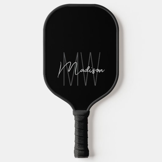 Modern Monogram Name Script Schwarz-weiß Pickleball Schläger (Vorderseite)
