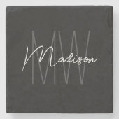 Modern Monogram Name Script Schwarz-weiß Steinuntersetzer (Vorderseite)