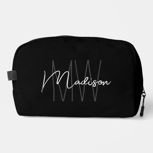 Modern Monogram Name Script Schwarz-weiß Waschbeutel (Vorderseite)