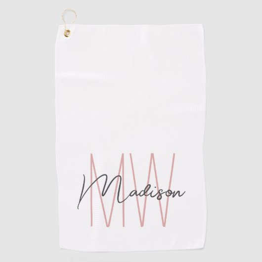 Modern Monogram Name Script Weiß Rosa Golfhandtuch (Vorderseite)