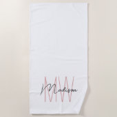 Modern Monogram Name Script Weiß Rosa Strandtuch (Vorderseite)