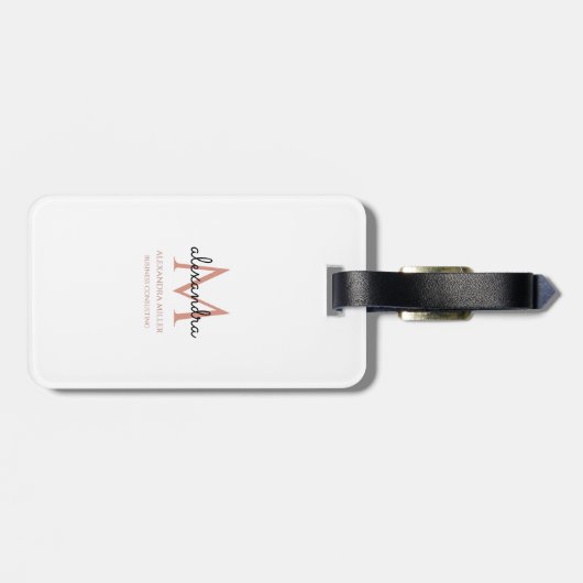 Modern Monogram Name White Blush Pink Black Simple Gepäckanhänger (Rückseite horizontal)