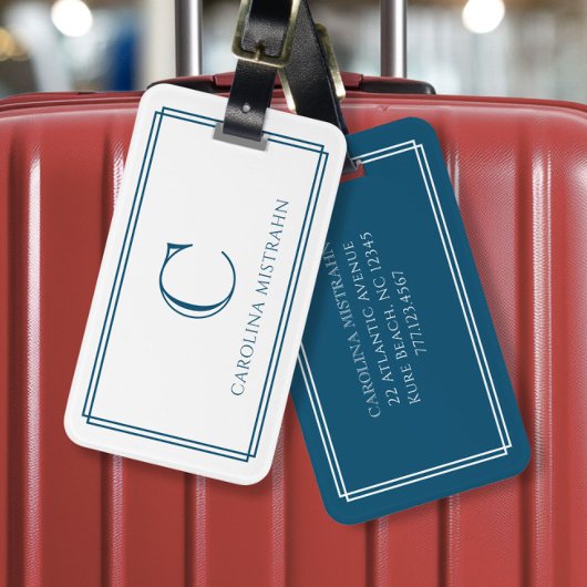 Modern Monogram Navy Blue Double Border Gepäckanhänger