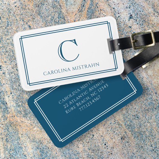 Modern Monogram Navy Blue Double Border Gepäckanhänger