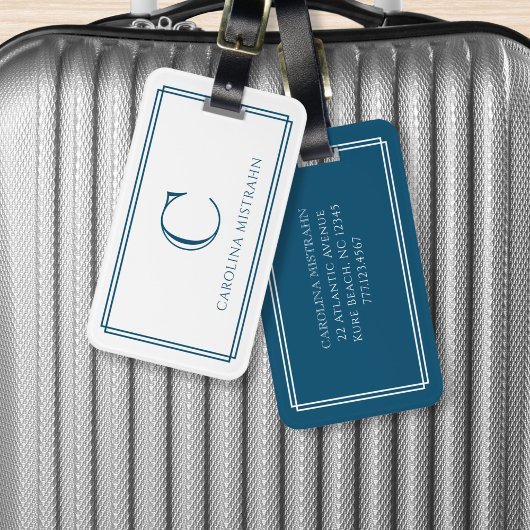 Modern Monogram Navy Blue Double Border Gepäckanhänger