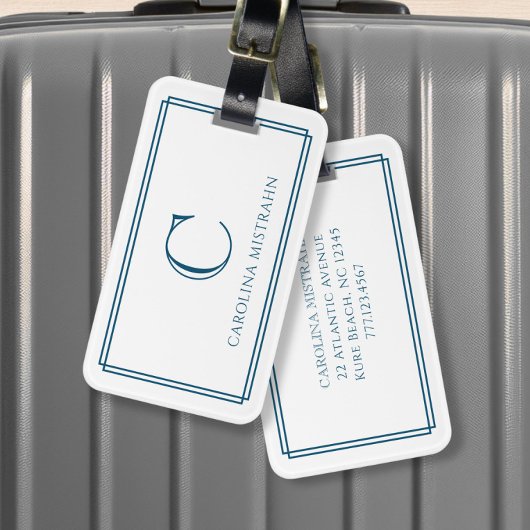 Modern Monogram Navy Blue Double Border Gepäckanhänger