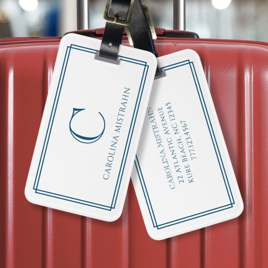 Modern Monogram Navy Blue Double Border Gepäckanhänger