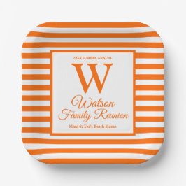 Modern monogram Orange Stripes Family Wiedersehen Pappteller