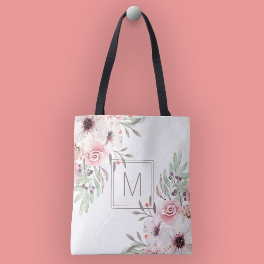 Modern Monogram Pink Watercolor Floral Tasche