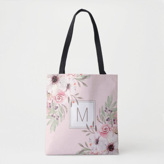 Modern Monogram Pink Watercolor Floral Tasche (Vorderseite)