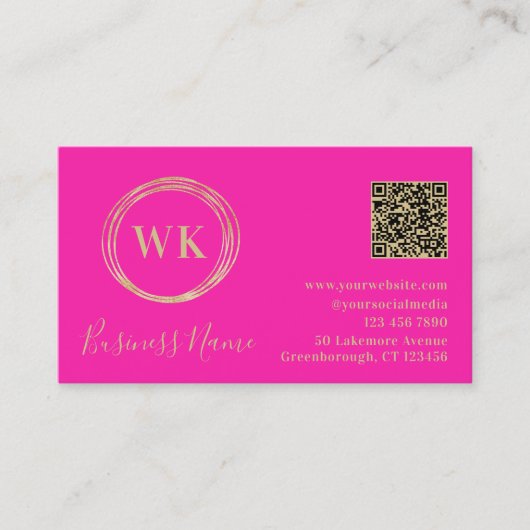 Modern Monogram QR Code Hot Pink Gold Visitenkarte (Vorderseite)