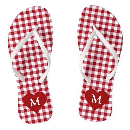 Modern Monogram Red Gingham Check Badesandalen (Fußbett)