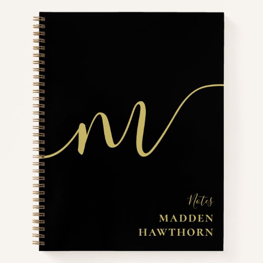 Modern Monogram Script Calligraphy Black Gold Name Notizblock (Vorderseite)