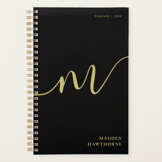 Modern Monogram Script Calligraphy Black Gold Name Planer (Vorderseite)