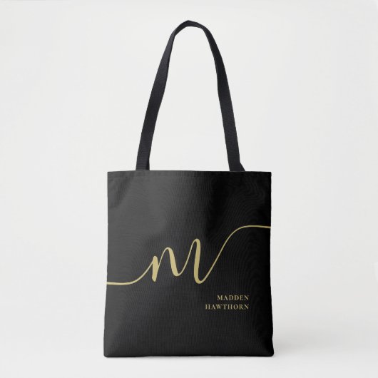 Modern Monogram Script Calligraphy Black Gold Name Tasche (Vorderseite)