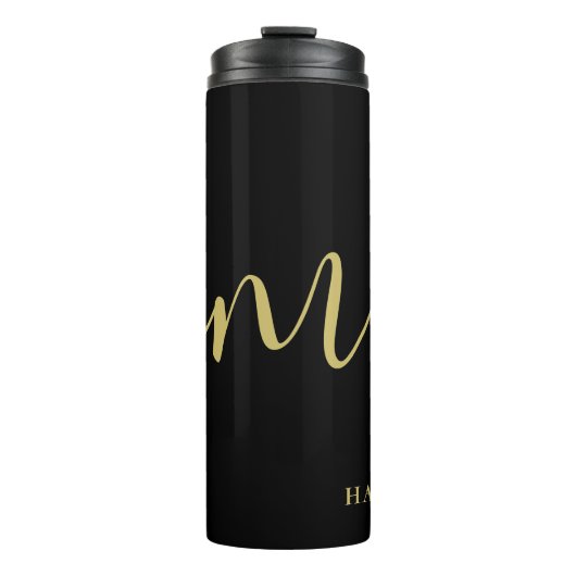 Modern Monogram Script Calligraphy Black Gold Name Thermosbecher (Vorderseite)