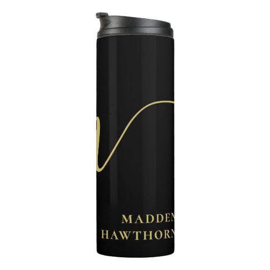 Modern Monogram Script Calligraphy Black Gold Name Thermosbecher (Nach rechts gedreht)