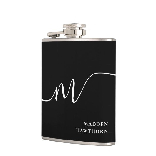 Modern Monogram Script Calligraphy Schwarz-weiß Flachmann (Links)