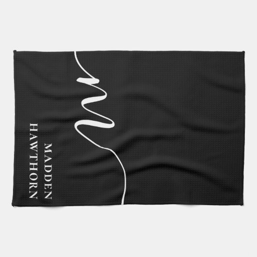 Modern Monogram Script Calligraphy Schwarz-weiß Geschirrtuch (Horizontal)