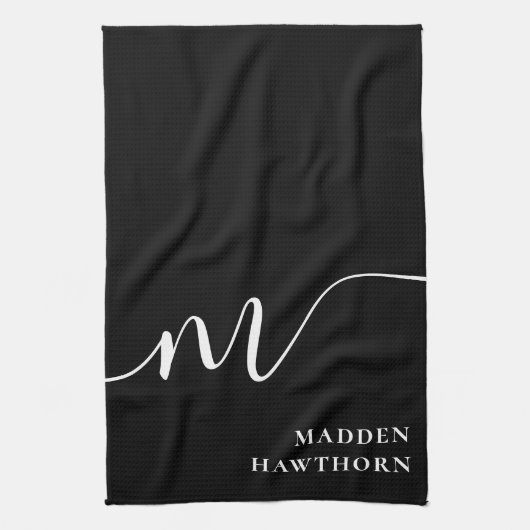 Modern Monogram Script Calligraphy Schwarz-weiß Geschirrtuch (Vertikal)