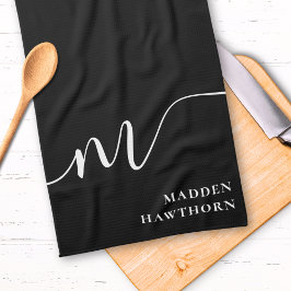 Modern Monogram Script Calligraphy Schwarz-weiß Geschirrtuch