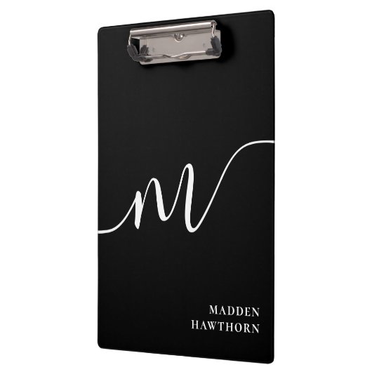 Modern Monogram Script Calligraphy Schwarz-weiß Klemmbrett (Links)