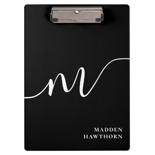 Modern Monogram Script Calligraphy Schwarz-weiß Klemmbrett (Vorderseite)