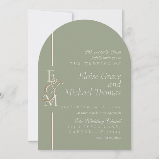 Modern Monogram Script Sage Green Arch Wedding Einladung (Vorderseite)