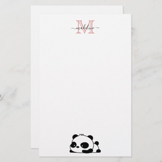Modern Monogram Script Typografy Funny Panda Briefpapier (Vorne/Hinten)