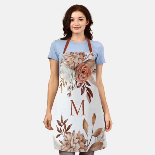 Modern Monogram Ursprünglich Terracotta Florals Schürze (Getragen)