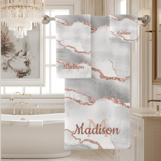 Modern Monogram White Agate Rose Gold Glitzer Badhandtuch Set