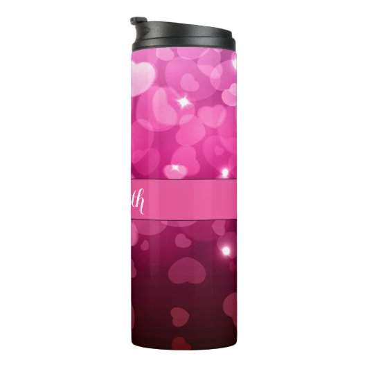 Modern Monogram White Pink Heart Pattern Thermosbecher (Nach rechts gedreht)