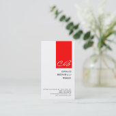 Modern Monogram White Red Schlicht Business Card Visitenkarte (Stehend Vorderseite)