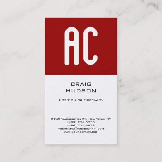 Modern Monogram White Red Schlicht Business Card Visitenkarte (Vorderseite)