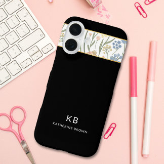 Modern Monogramm Cute Black Floral Pattern  iPhone 16 Hülle