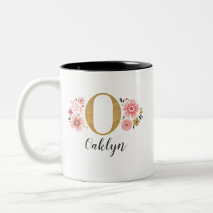 Modern Monogramm Name Rosa Floral Zweifarbige Tasse
