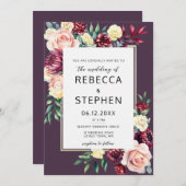 Modern Moody Burgundy Rose Blumenviolett Hochzeit Einladung (Vorne/Hinten)