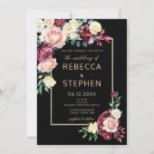Modern Moody Burgundy Rose Floral Black Wedding Einladung (Vorderseite)