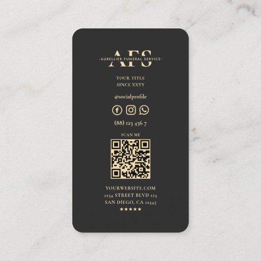 Modern Mortician Monogram Black Gold Visitenkarte (Rückseite)
