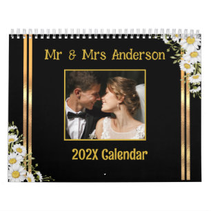 Modern Mr. and Mrs. Couple Gold Floral Foto Kalender