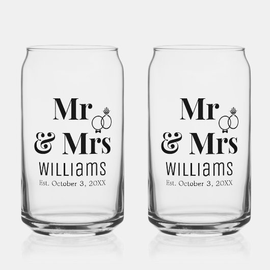 Modern Mr. Mrs. Name Date & Rings Design, Hochzeit Dosenglas (Vorderseite)