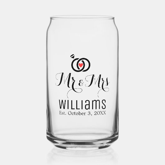 Modern Mr. Mrs. Name Date & Rings Design, Hochzeit Dosenglas (Vorderseite)