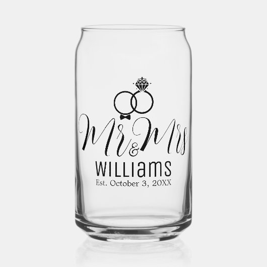 Modern Mr. Mrs. Name Date & Rings Design, Hochzeit Dosenglas (Vorderseite)