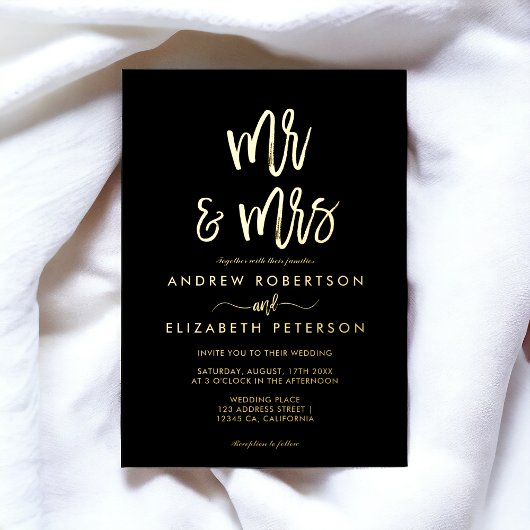 Modern Mr. Mrs. script einfache Hochzeit Gold Folieneinladung