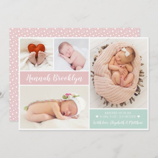 Modern Multi Foto Birth Announcement Card Ankündigung (Vorne/Hinten)