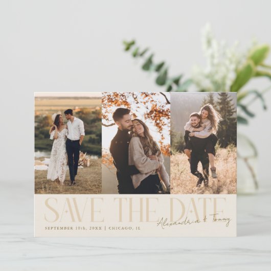 Modern Multi Photo Couple's Signature Cream Save The Date (Stehend Vorderseite)
