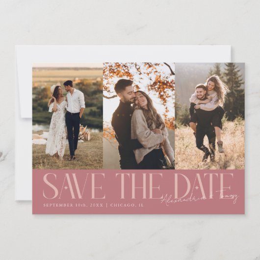 Modern Multi Photo Couple's Signature Pink Save The Date (Vorderseite)