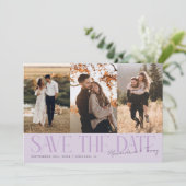 Modern Multi Photo Couple's Signature Purple Save The Date (Stehend Vorderseite)